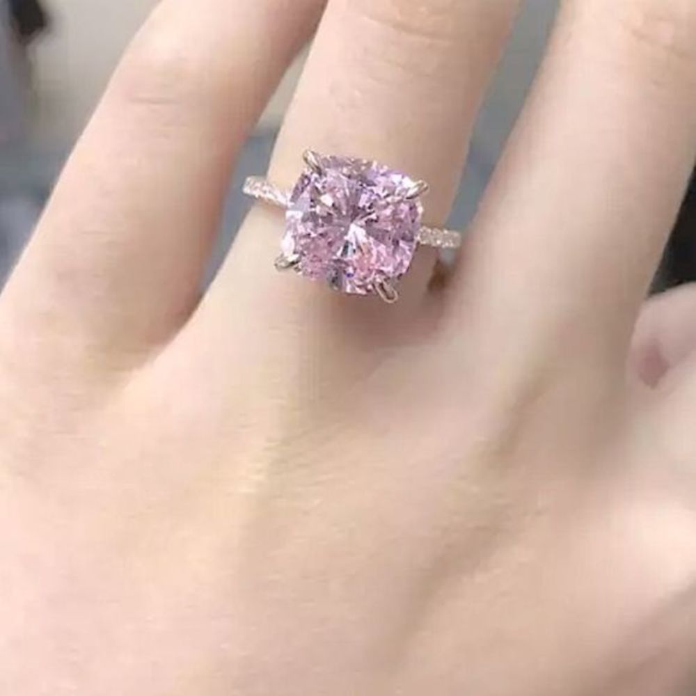 Diamond Under Halo Ring with 5 Carat Cushion Cut‎ Morganite Engagement Ring